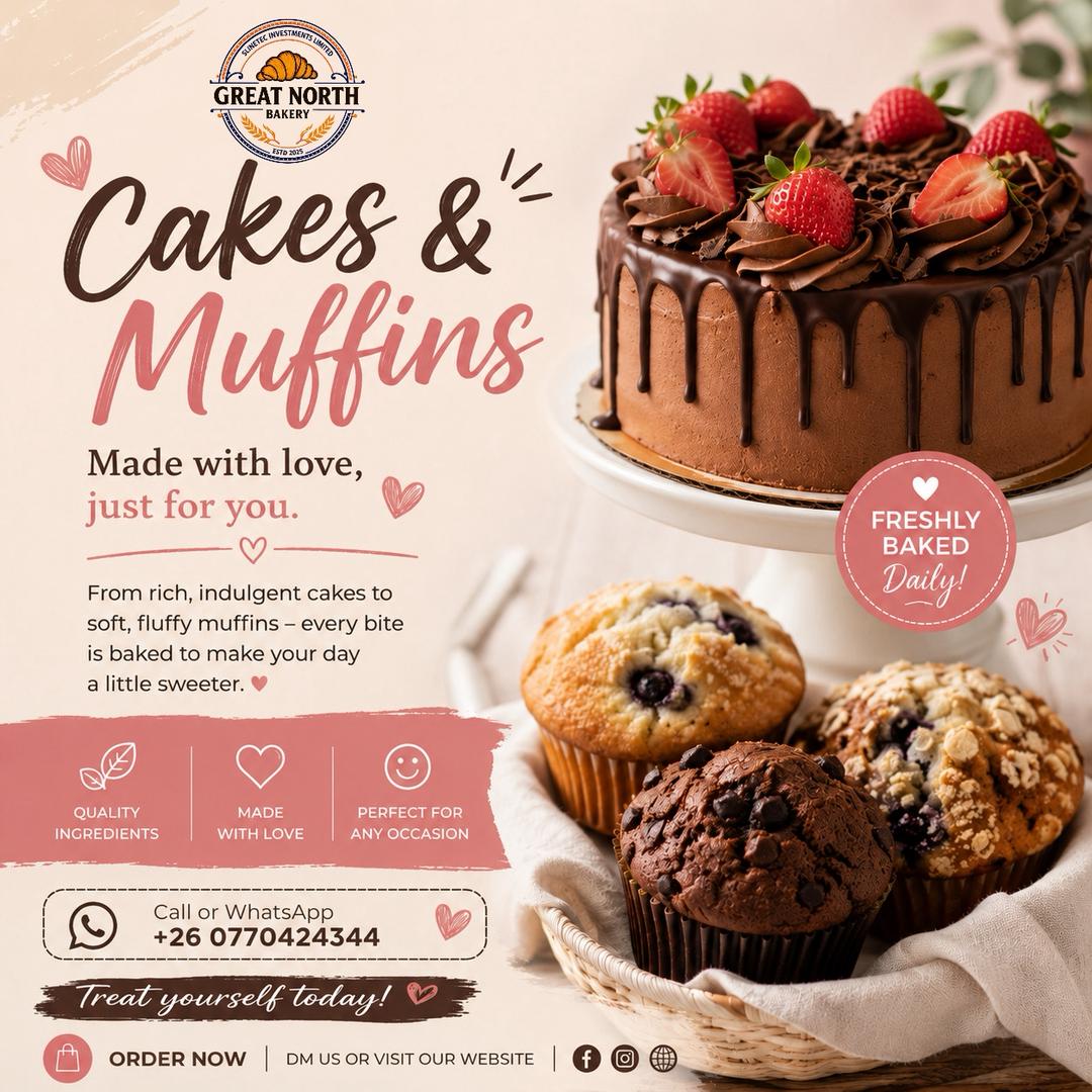 Great North Bakery chocolate cake with strawberries and blueberry muffins