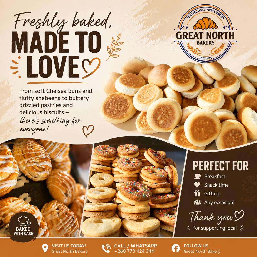Great North Bakery Chelsea buns, pastries and biscuits Lusaka